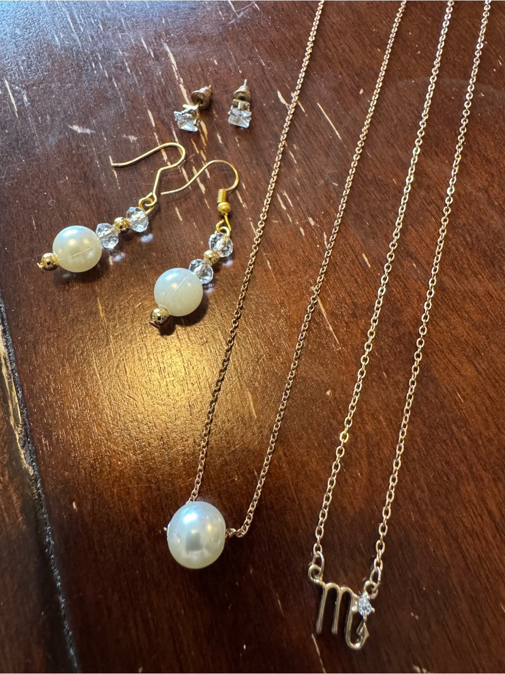 Gold-Tone Faux Pearl & Crystal Jewelry Bundle 2 Necklaces 2 Pairs of Earrings